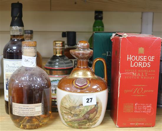 Seven assorted bottles of whisky: House of Lords 10yo, Glen Ord 12yo, Clan MacGregor, The Doonhamers 90th Anniversary Queen of The Sout